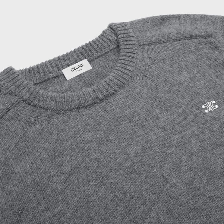 CELINE Grey/Off White Triomphe Crew Neck Sweater in Wool & Cashmere R0ZNN1960
