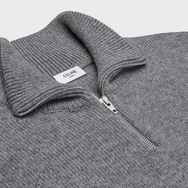 CELINE Grey/Off White Triomphe Trucker Sweater in Wool & Cashmere R0ZNN1795