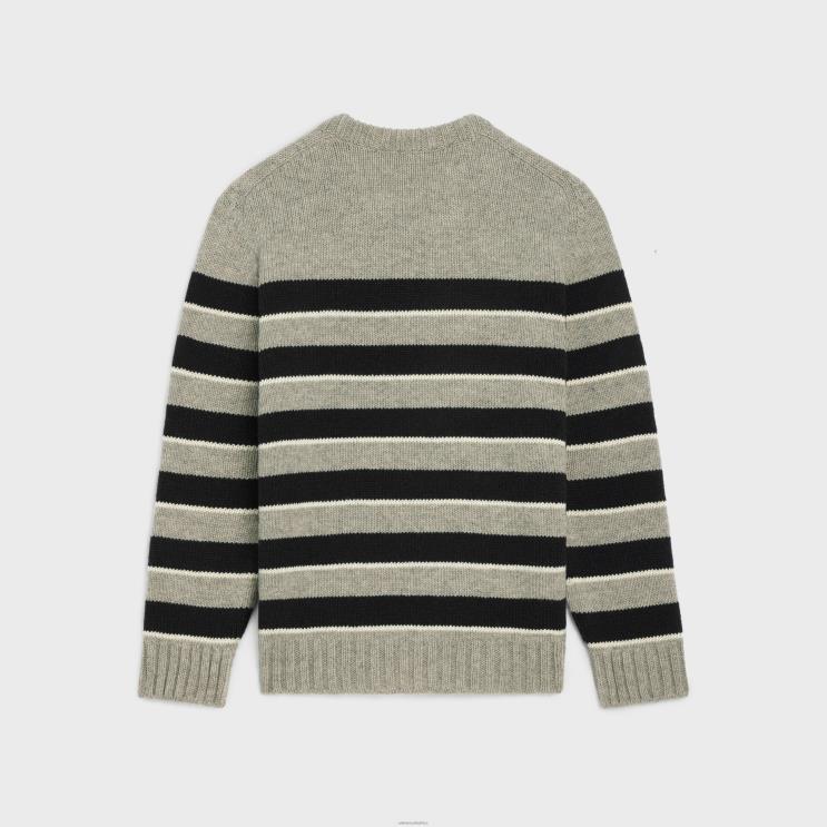 CELINE Light Grey/Black Triomphe Crew Neck Sweater in Striped Wool R0ZNN1971