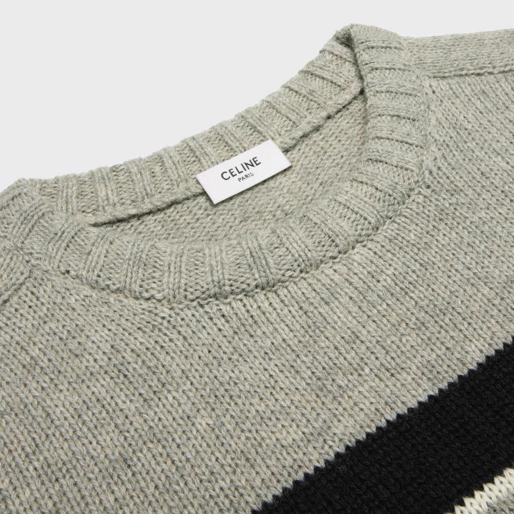CELINE Light Grey/Black Triomphe Crew Neck Sweater in Striped Wool R0ZNN1971