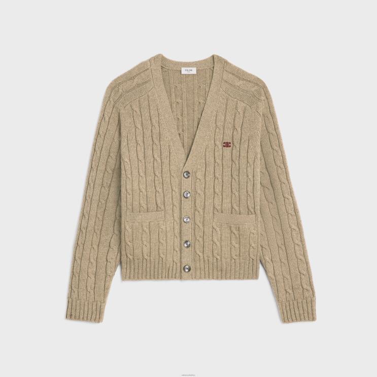 CELINE Light Taupe Cable-Knit Triomphe Cardigan in Cashmere R0ZNN1955