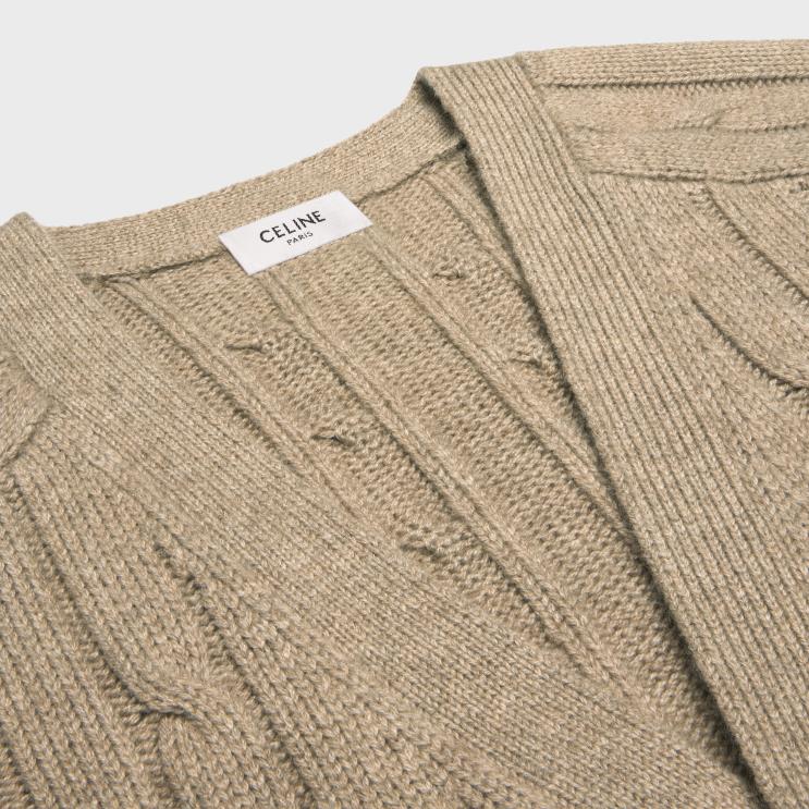 CELINE Light Taupe Cable-Knit Triomphe Cardigan in Cashmere R0ZNN1955