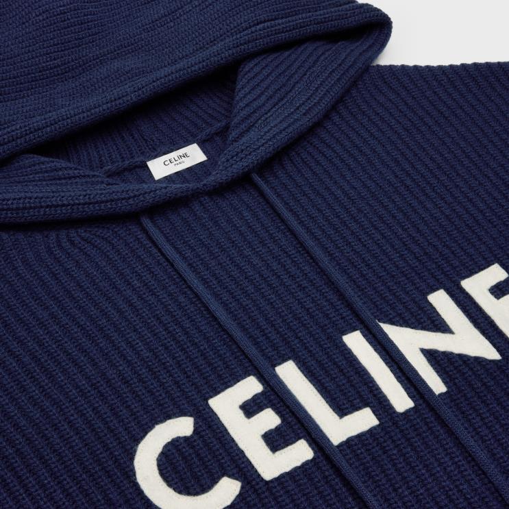 CELINE Navy Hooded Sweater in Ribbed Wool R0ZNN1988