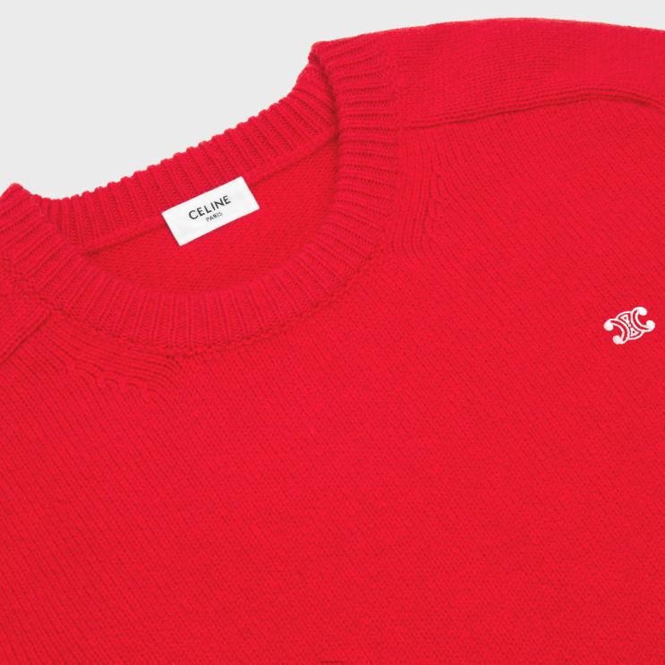 CELINE Red/White Triomphe Crewneck Sweater in Cashmere Wool R0ZNN1959