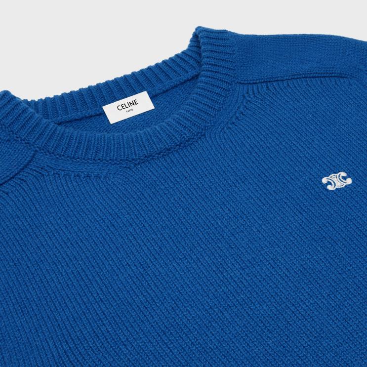 CELINE Royal Blue Triomphe Crew Neck Sweater in Cashmere Wool R0ZNN1958