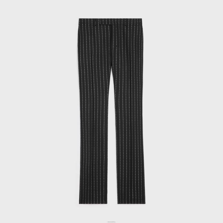 CELINE Black/White Embroidered Flared Pants in Striped Wool R0ZNN1893