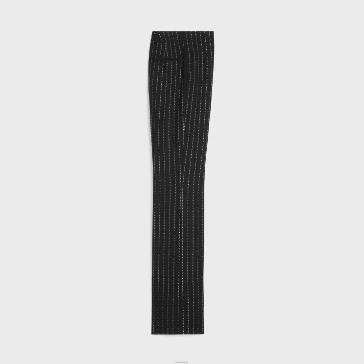 CELINE Black/White Embroidered Flared Pants in Striped Wool R0ZNN1893