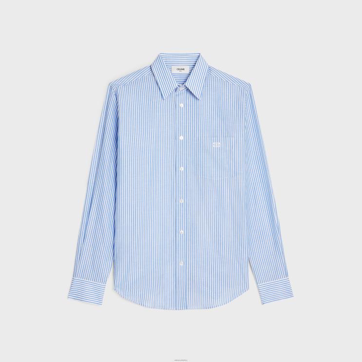 CELINE Blanc/Bleu Loose Shirt in Striped Cotton Linen R0ZNN1914