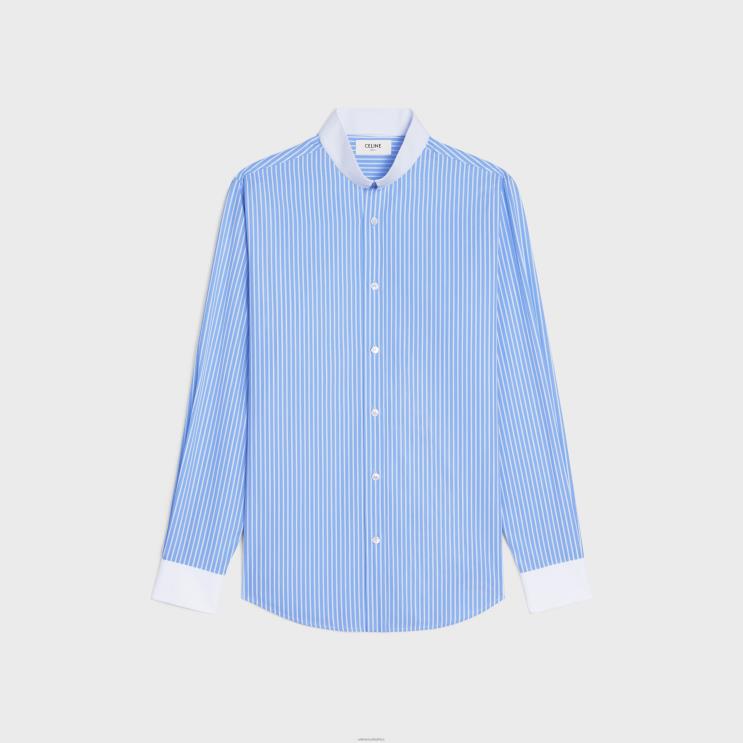 CELINE Ciel/Blanc Loose Shirt With Inverted Collar in Striped Cotton R0ZNN1910