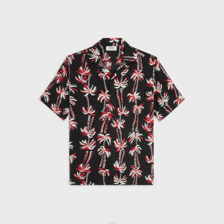 CELINE Noir/Ecru/Rouge Hawaiian Shirt in Printed Viscose R0ZNN1921