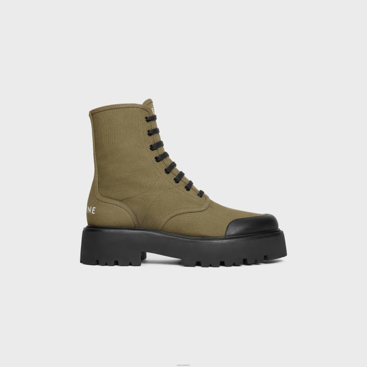 CELINE Khaki/Black Bulky Lace-Up Boots in Canvas & Shiny Bullskin R0ZNN2037