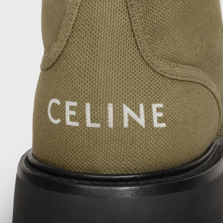 CELINE Khaki/Black Bulky Lace-Up Boots in Canvas & Shiny Bullskin R0ZNN2037