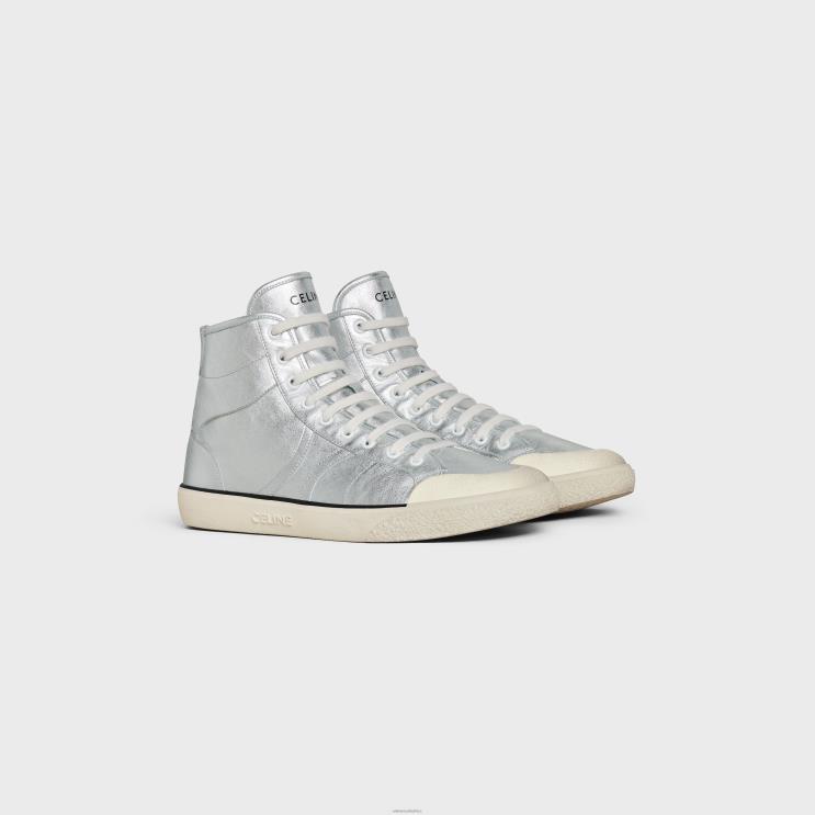 CELINE Silver As-02 Mid Low Lace-Up Alan Sneaker in Metalized Calfskin R0ZNN2052