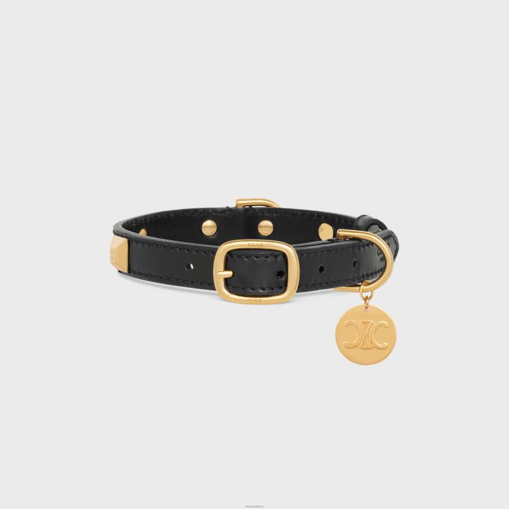 CELINE Black Small Thin Dog Collar in Smooth Calfskin With Pyramid Studs R0ZNN1733