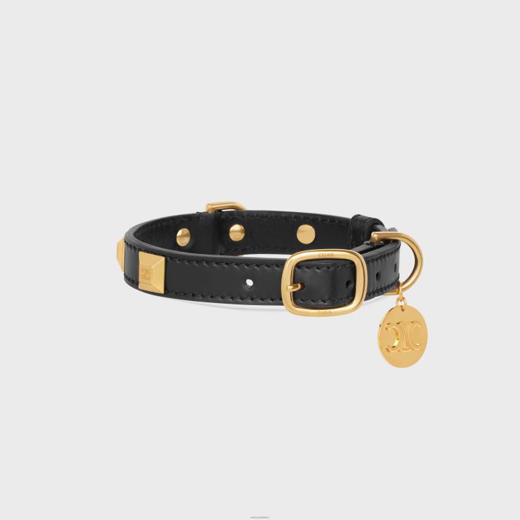 CELINE Black Small Thin Dog Collar in Smooth Calfskin With Pyramid Studs R0ZNN1733