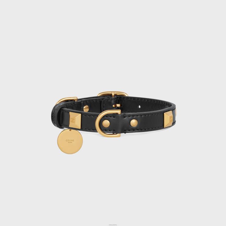 CELINE Black Small Thin Dog Collar in Smooth Calfskin With Pyramid Studs R0ZNN1733