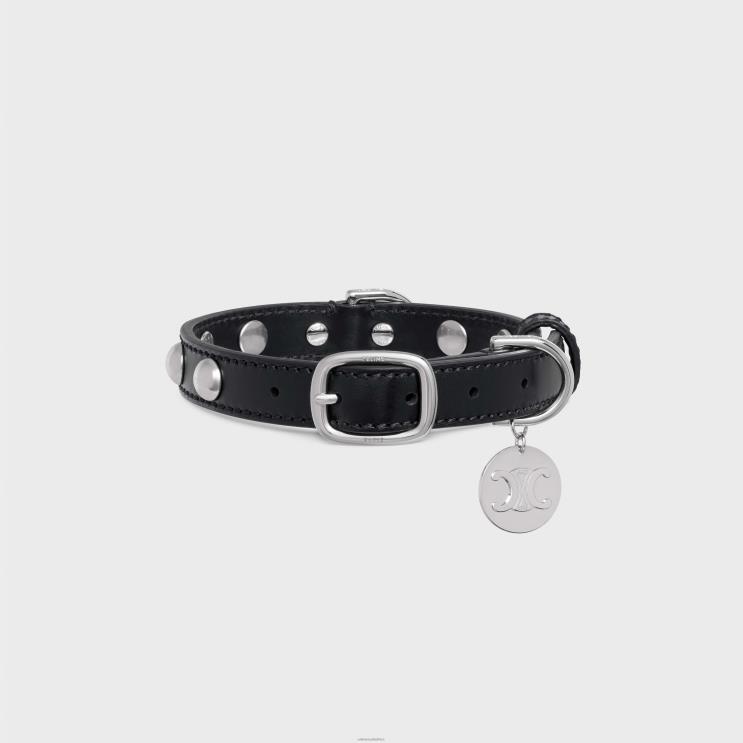 CELINE Black Small Thin Dog Collar in Smooth Calfskin With Studs R0ZNN1744