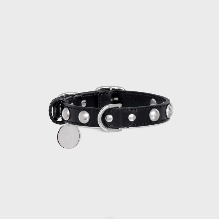 CELINE Black Small Thin Dog Collar in Smooth Calfskin With Studs R0ZNN1744
