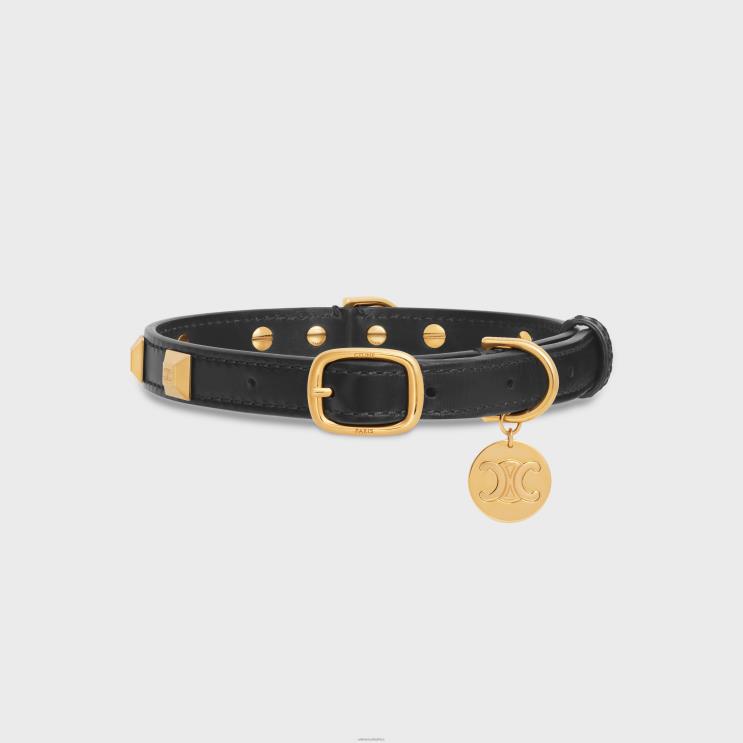 CELINE Black Thin Medium Dog Collar in Smooth Calfskin With Pyramid Studs R0ZNN1734