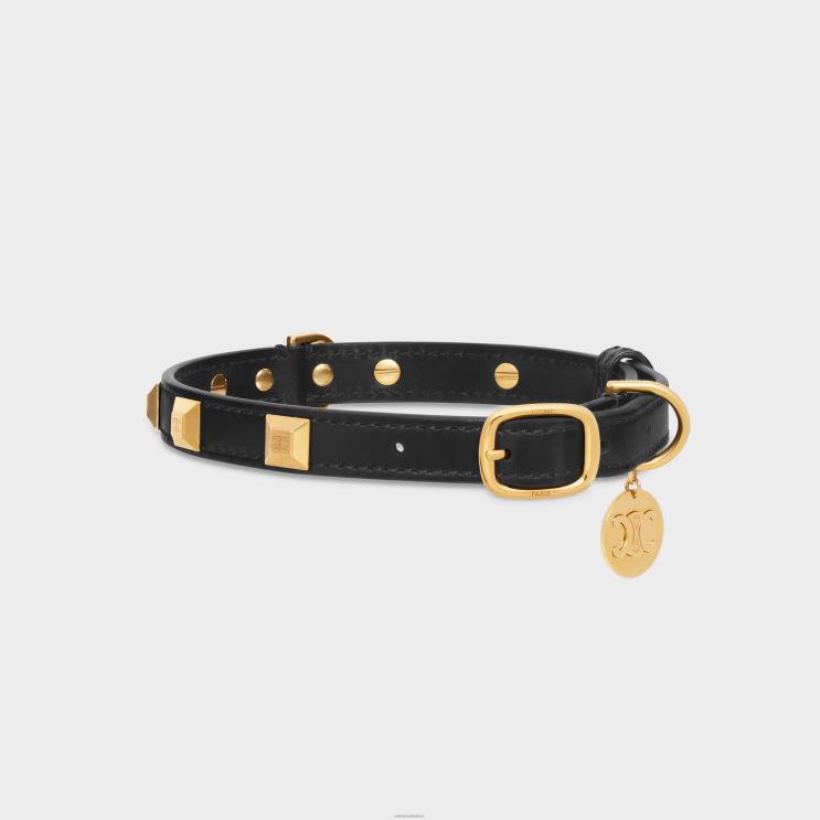 CELINE Black Thin Medium Dog Collar in Smooth Calfskin With Pyramid Studs R0ZNN1734