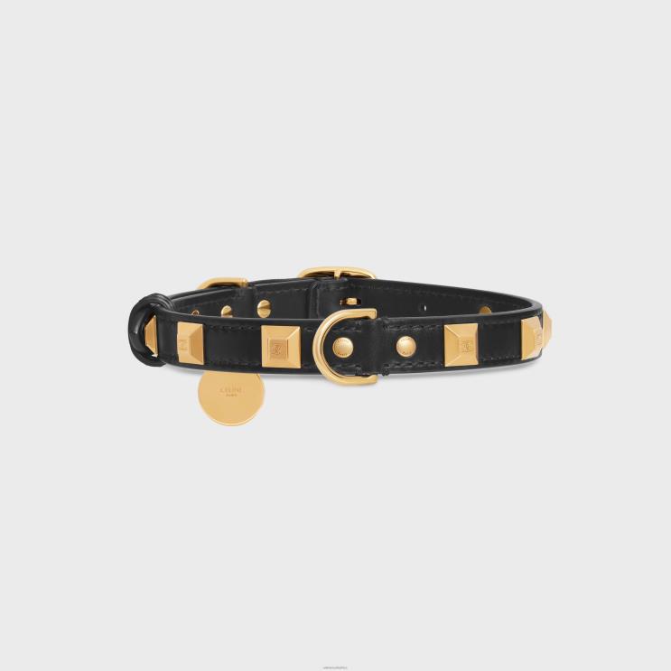 CELINE Black Thin Medium Dog Collar in Smooth Calfskin With Pyramid Studs R0ZNN1734
