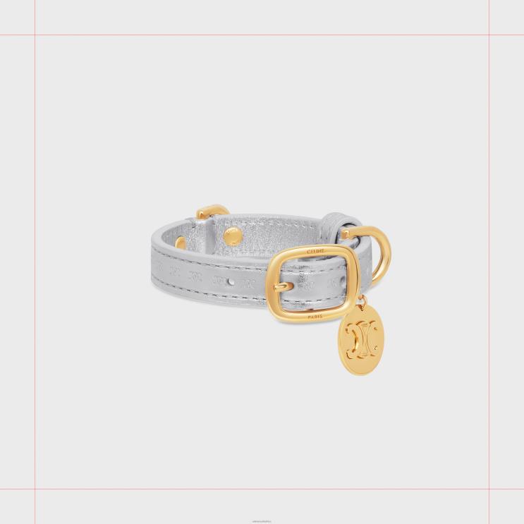 CELINE Silver Nano Extra Thin Dog Collar in Laminated Calfskin With Triomphe Embossed R0ZNN1715