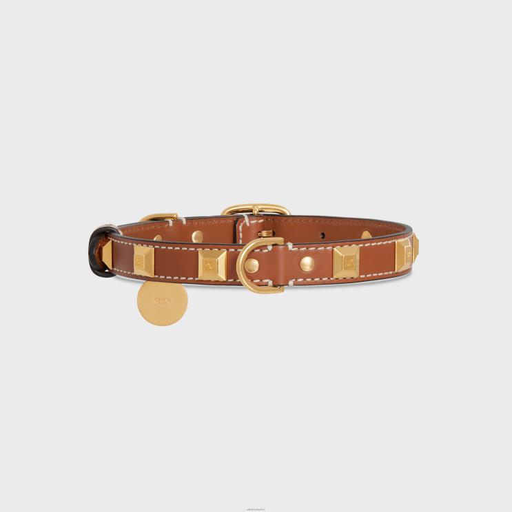 CELINE Tan Medium Thin Dog Collar in Smooth Calfskin With Pyramid Studs R0ZNN1730
