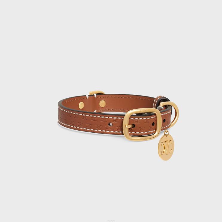 CELINE Tan Small Thin Dog Collar in Natural Calfskin With Triomphe Embossed R0ZNN1696
