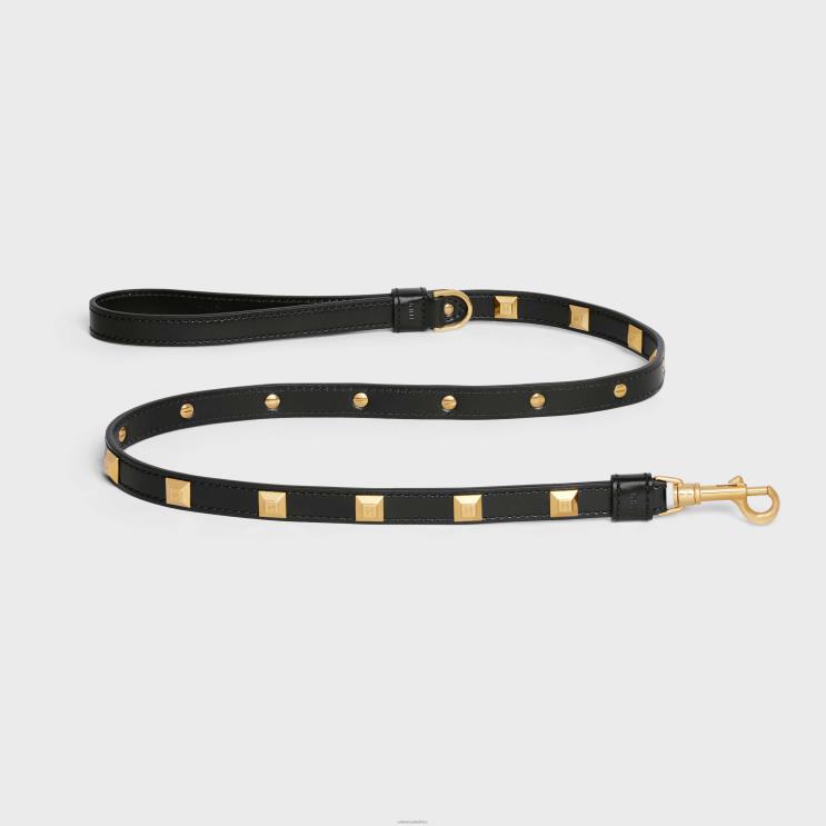 CELINE Black Thin Dog Leash in Smooth Calfskin With Pyramid Studs R0ZNN1735
