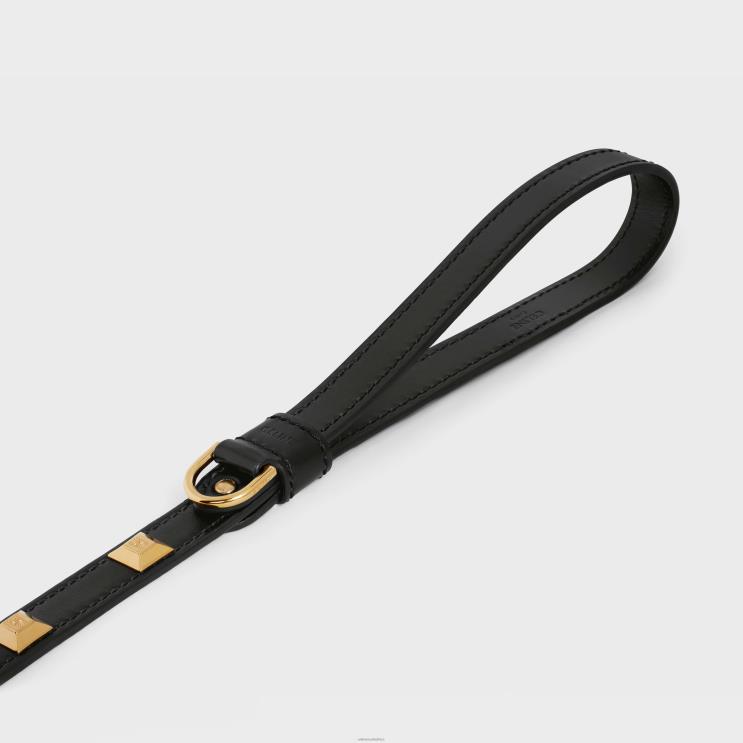 CELINE Black Thin Dog Leash in Smooth Calfskin With Pyramid Studs R0ZNN1735