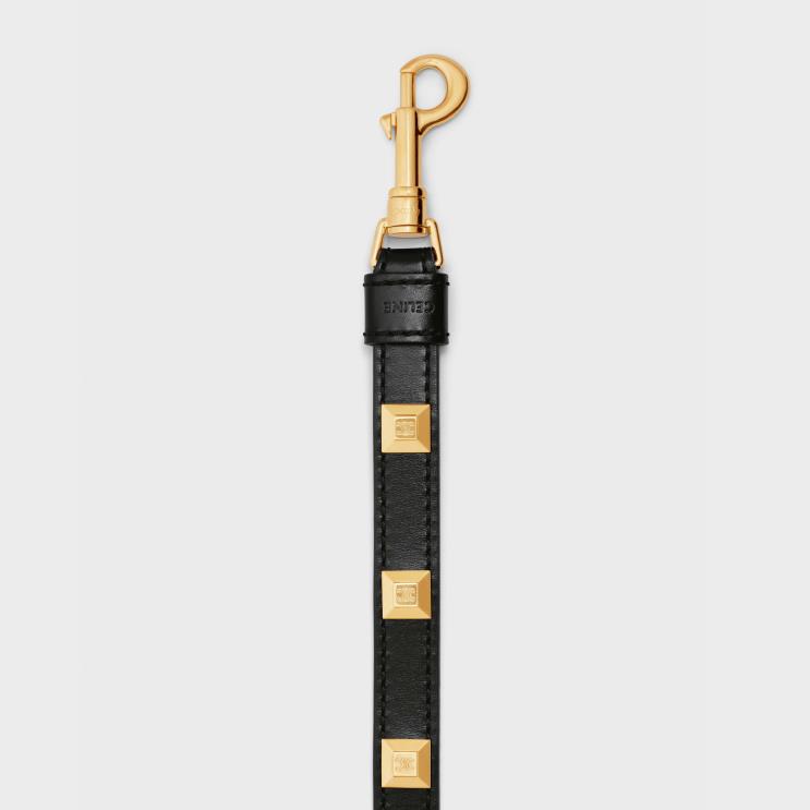 CELINE Black Thin Dog Leash in Smooth Calfskin With Pyramid Studs R0ZNN1735