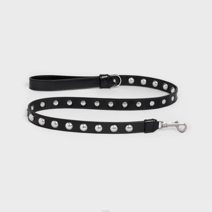 CELINE Black Wide Dog Leash in Smooth Calfskin With Studs R0ZNN1748