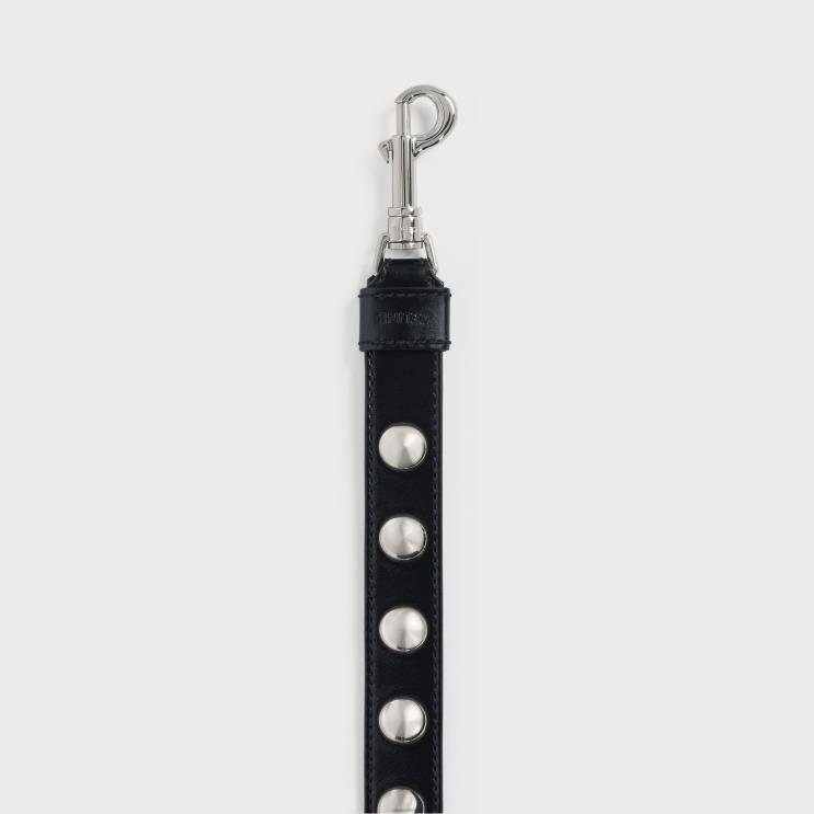 CELINE Black Wide Dog Leash in Smooth Calfskin With Studs R0ZNN1748