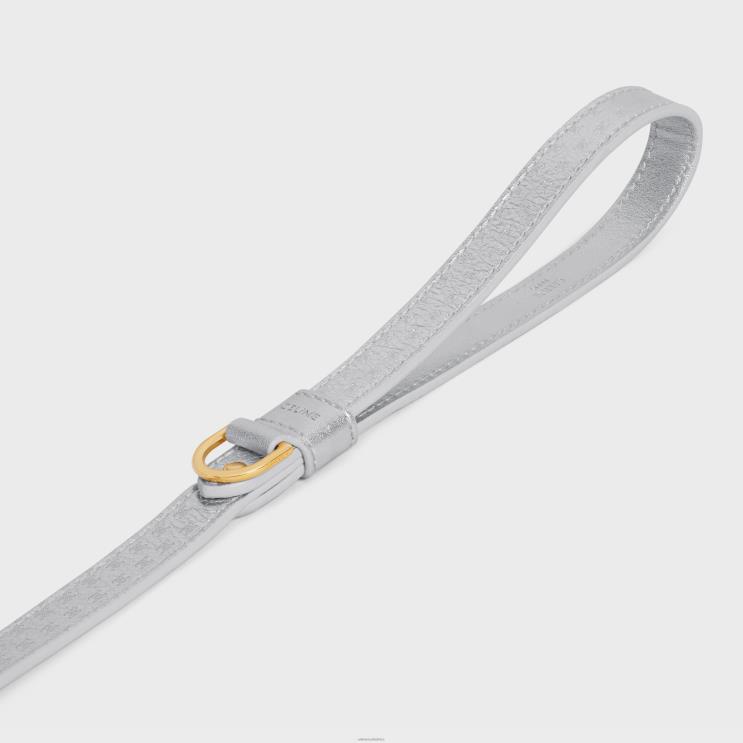CELINE Silver Thin Dog Leash in Laminated Calfskin With Triomphe Embossed R0ZNN1716