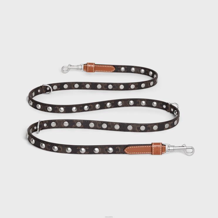 CELINE Tan Adjustable Dog Leash in Triomphe Canvas & Calfskin With Studs R0ZNN1741