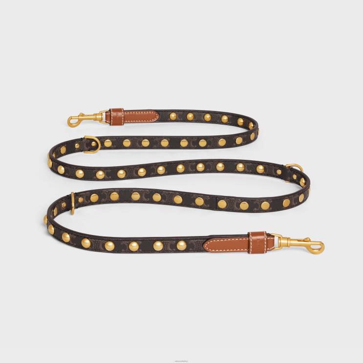 CELINE Tan Adjustable Dog Leash in Triomphe Canvas & Calfskin With Studs R0ZNN1755