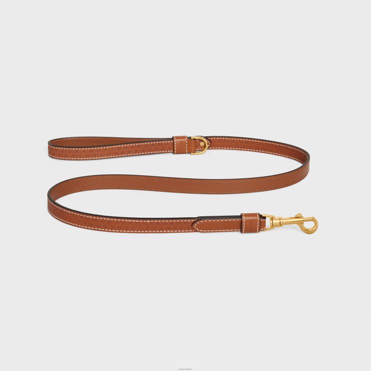 CELINE Tan Thin Dog Leash in Natural Calfskin With Triomphe Embossed R0ZNN1697