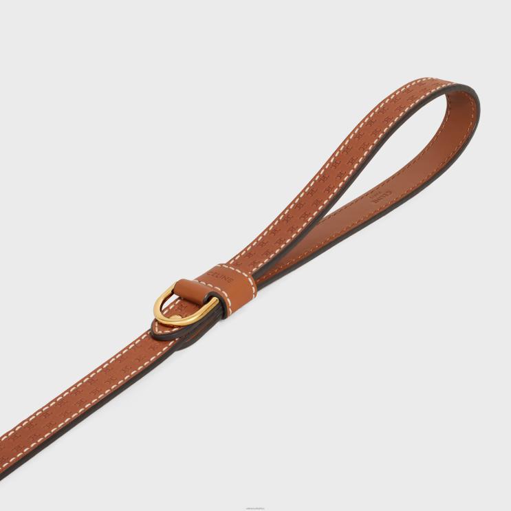 CELINE Tan Thin Dog Leash in Natural Calfskin With Triomphe Embossed R0ZNN1697