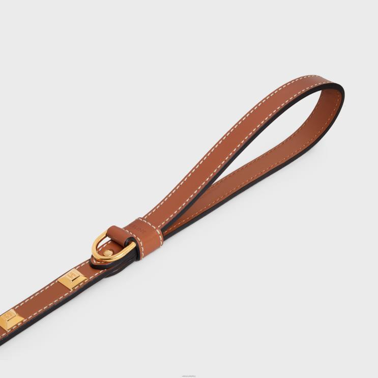 CELINE Tan Thin Dog Leash in Smooth Calfskin With Pyramid Studs R0ZNN1731
