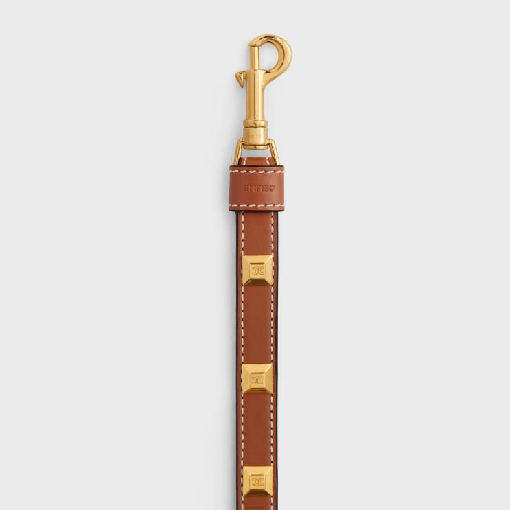 CELINE Tan Thin Dog Leash in Smooth Calfskin With Pyramid Studs R0ZNN1731