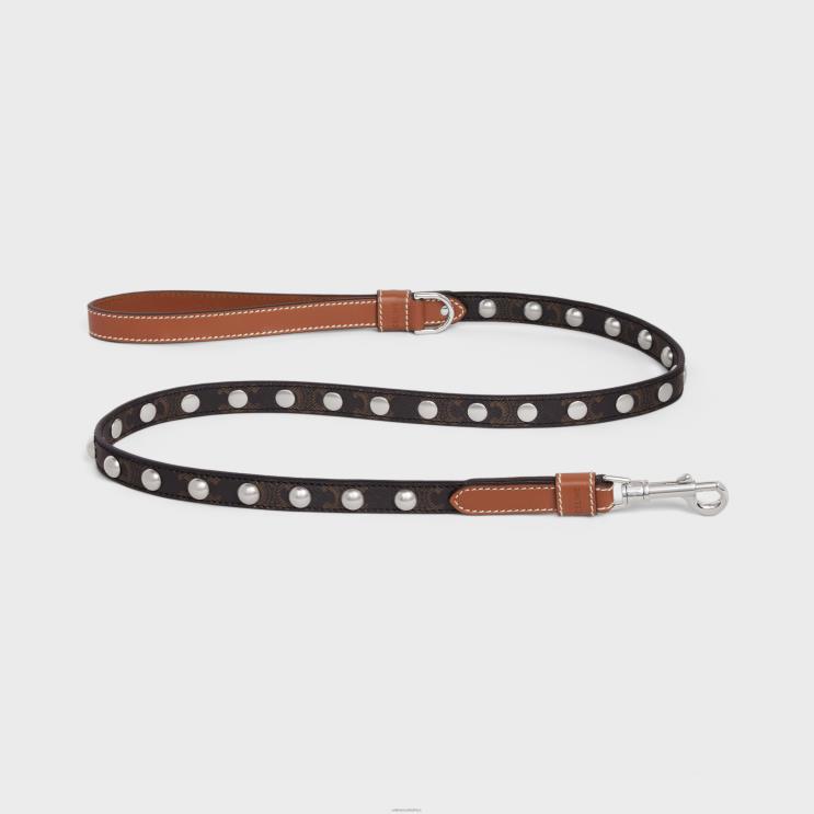 CELINE Tan Thin Dog Leash in Triomphe Canvas & Calfskin With Studs R0ZNN1740