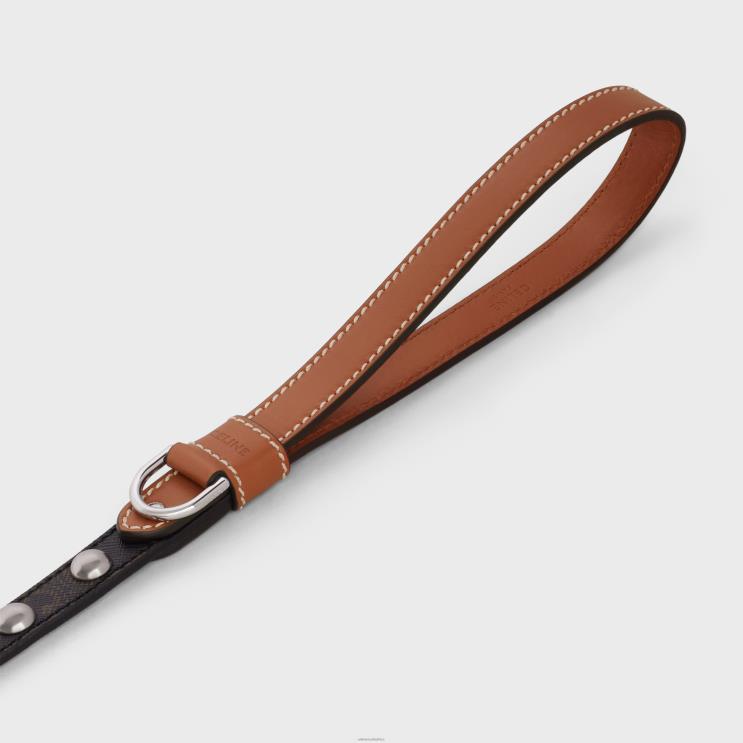 CELINE Tan Thin Dog Leash in Triomphe Canvas & Calfskin With Studs R0ZNN1740