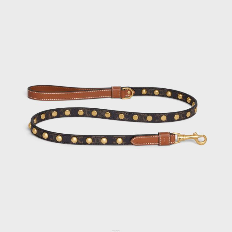 CELINE Tan Thin Dog Leash in Triomphe Canvas & Calfskin With Studs R0ZNN1754