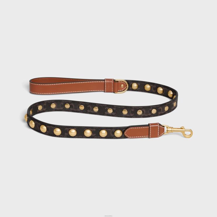 CELINE Tan Wide Dog Leash in Triomphe Canvas & Calfskin With Studs R0ZNN1756