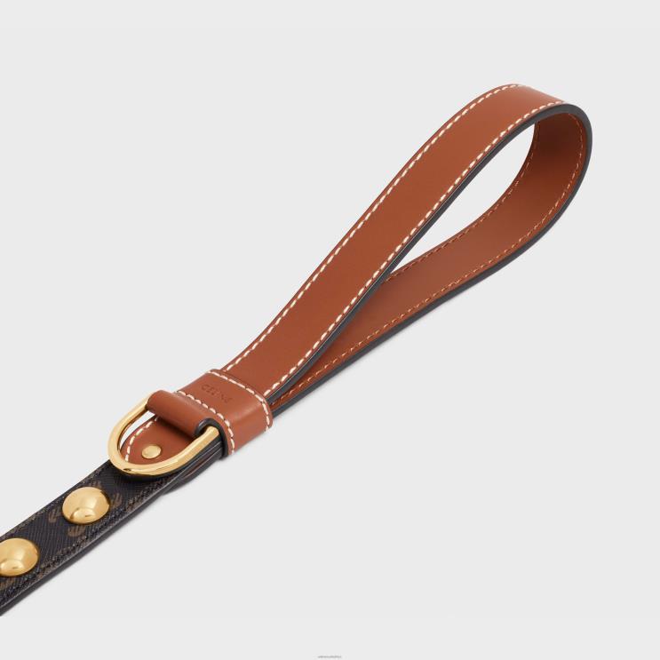 CELINE Tan Wide Dog Leash in Triomphe Canvas & Calfskin With Studs R0ZNN1756