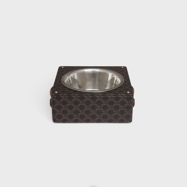 CELINE Tan Single Dog Bowl in Nappa Lambskin With Triomphe Canvas Print & Calfskin R0ZNN1708