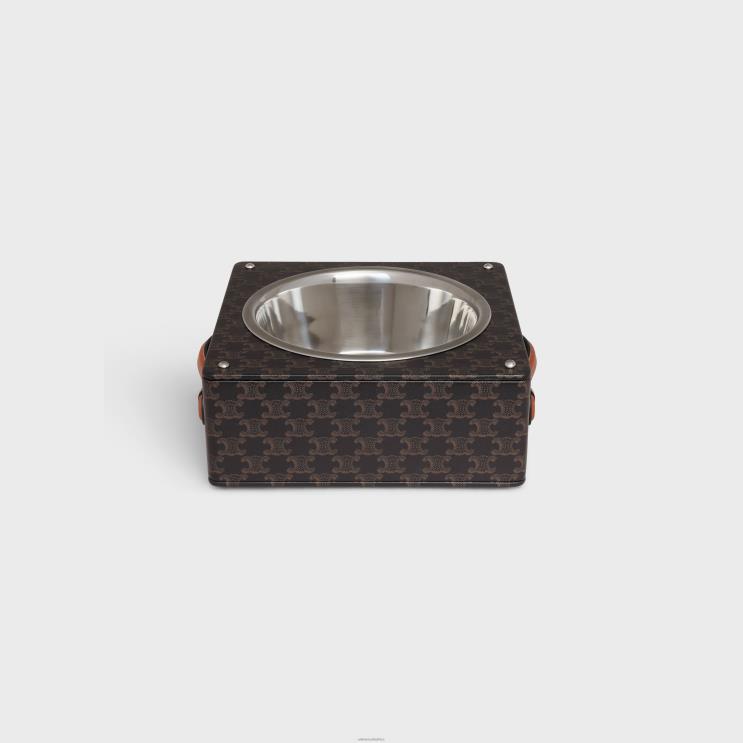 CELINE Tan Single Dog Bowl in Nappa Lambskin With Triomphe Canvas Print & Calfskin R0ZNN1708