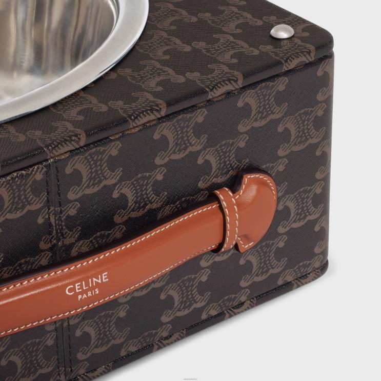 CELINE Tan Single Dog Bowl in Nappa Lambskin With Triomphe Canvas Print & Calfskin R0ZNN1708