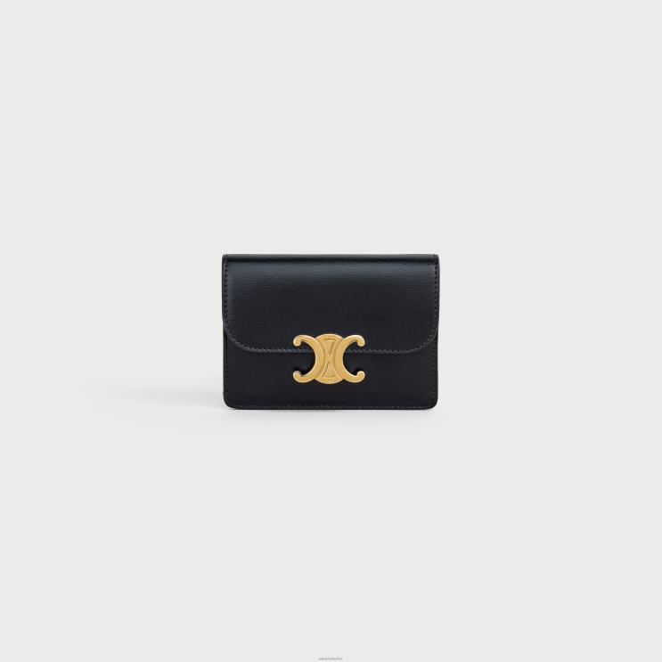 CELINE Black Card Holder With Flap Triomphe in Shiny Calfskin R0ZNN492