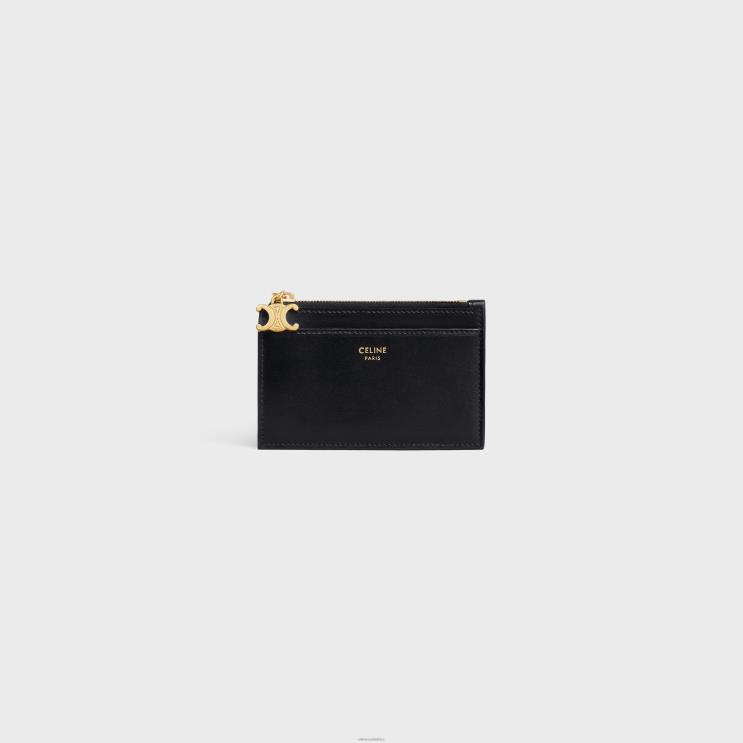 CELINE Black Zipped Card Holder Triomphe Charms in Shiny Calfskin R0ZNN427